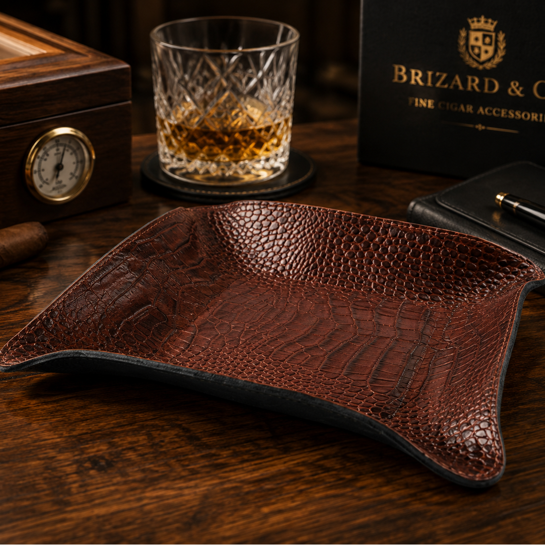 The "Valet" Leather Tray - Croco Pattern Tobacco