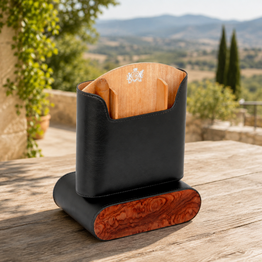 The "Show Band" Travel Humidor - Black Leather and Bubinga