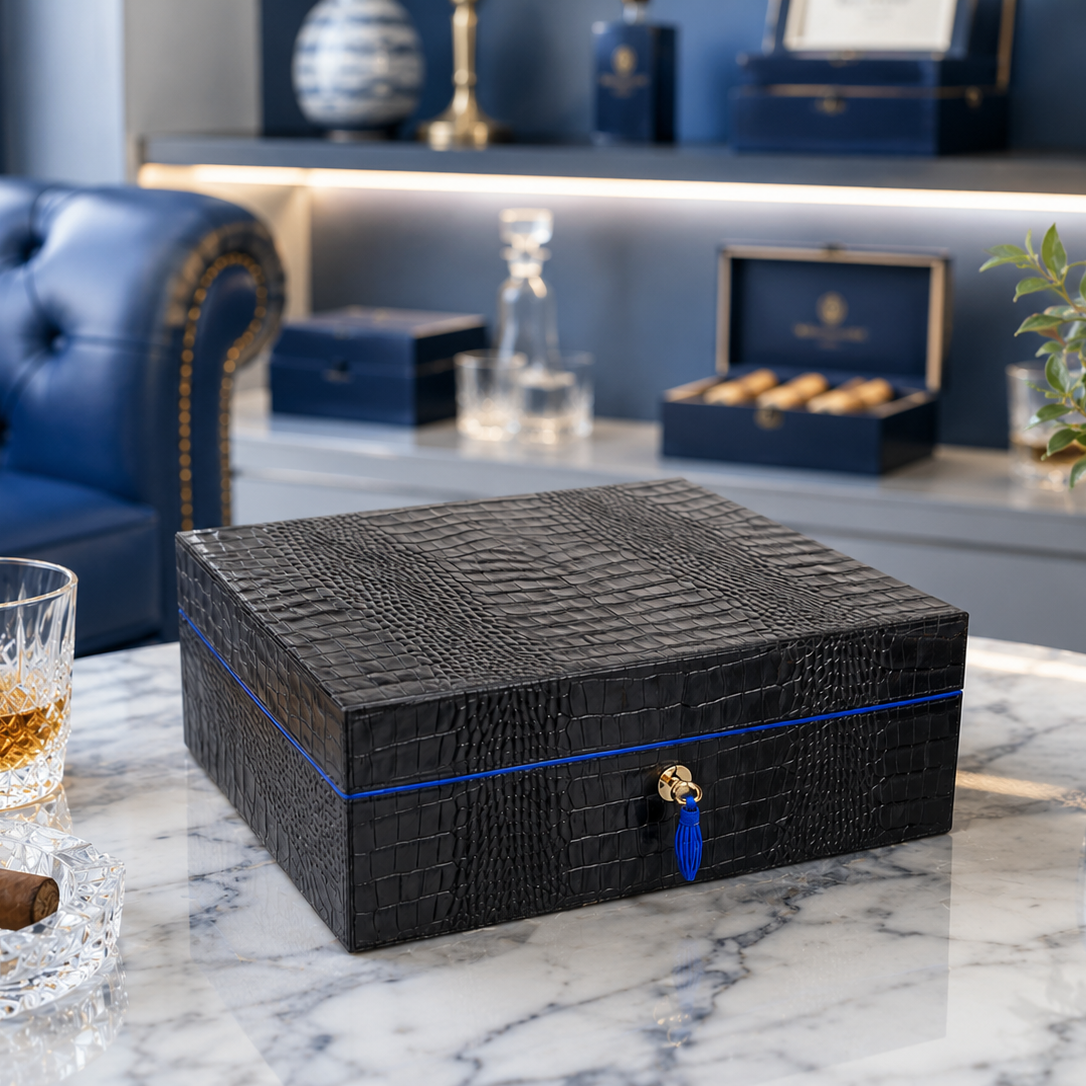 The "Airflow" Cigar Humidor - Black Alligator and Blue (60/70 Count)