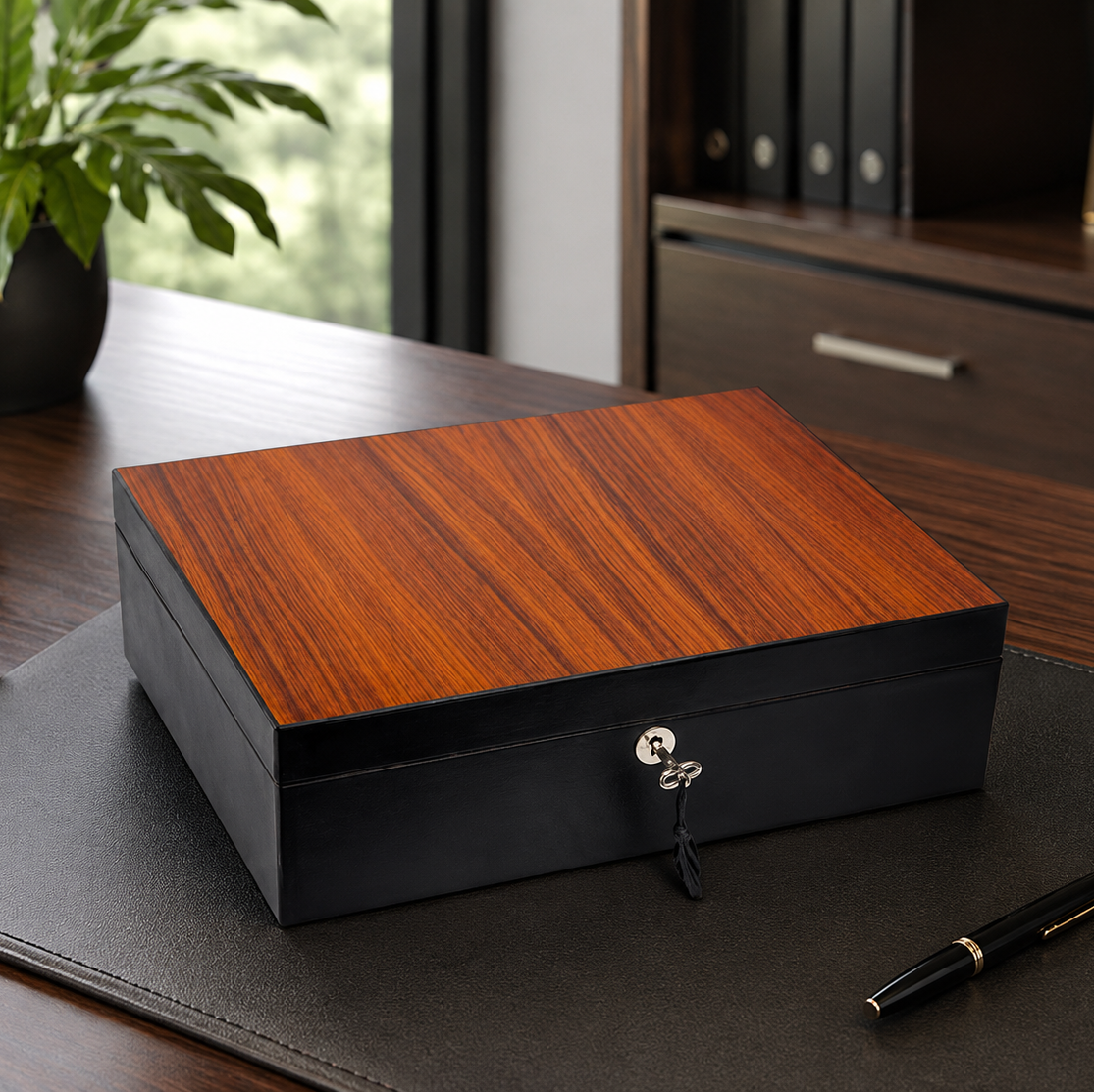 The "Airflow" Cigar Humidor - Black Leather and Rosewood (60/70 Count)