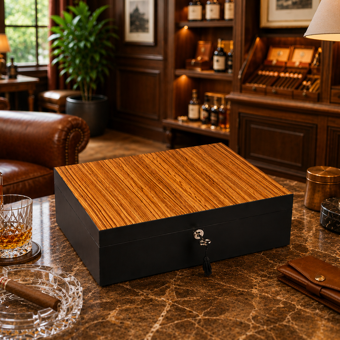 The "Airflow" Cigar Humidor - Black Leather and Zebrawood (60/70 Count)