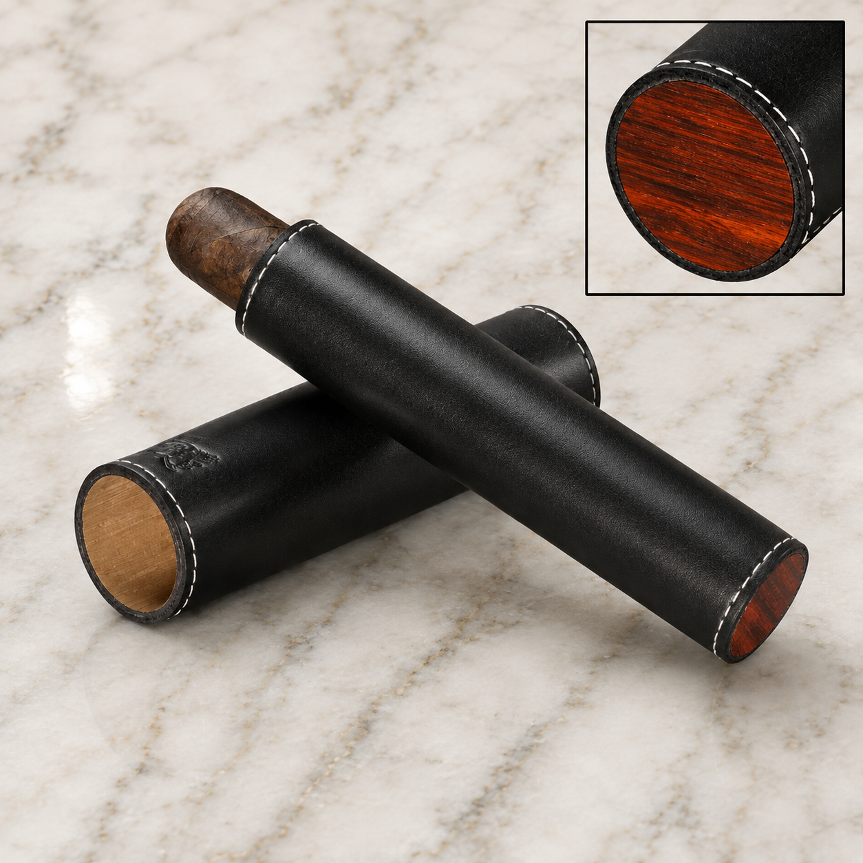 The Single Cigar Tube - Black Leather and Macassar Ebony