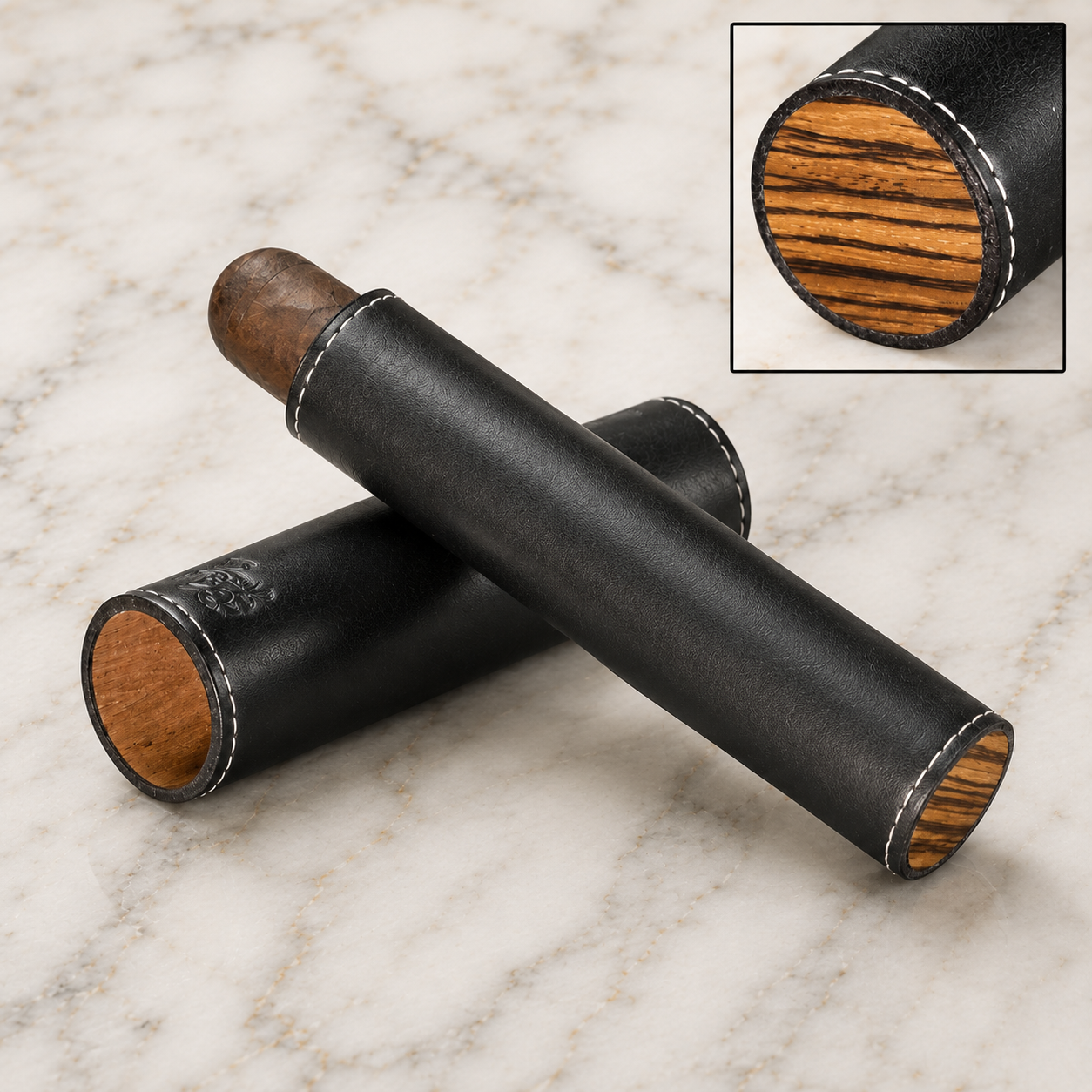 The Single Cigar Tube - Black Leather and Zebrawood