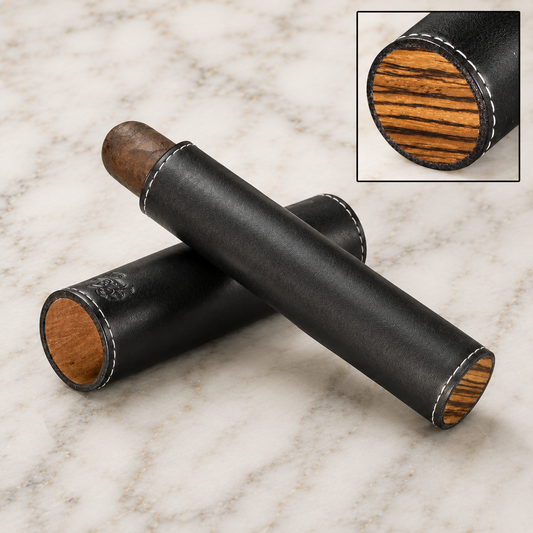 The Single Cigar Tube - Black Leather and Zebrawood
