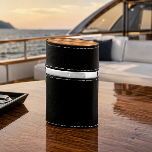 "Triple Jet" Table Lighter - Black Leather and Zebrawood