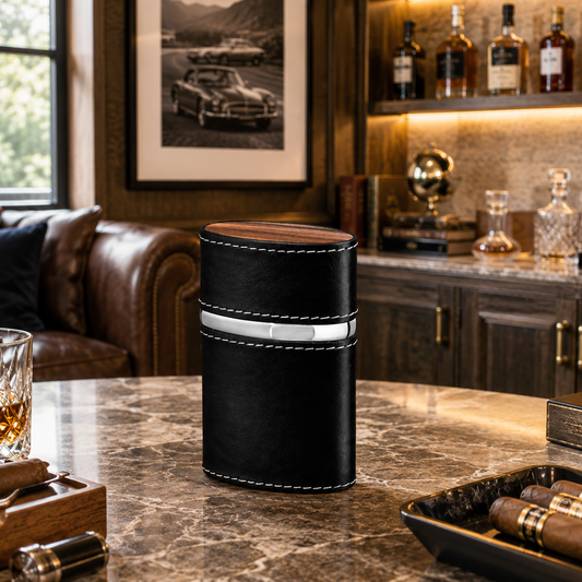 The "Triple Jet" Table Lighter - Black Leather and Macassar Ebony