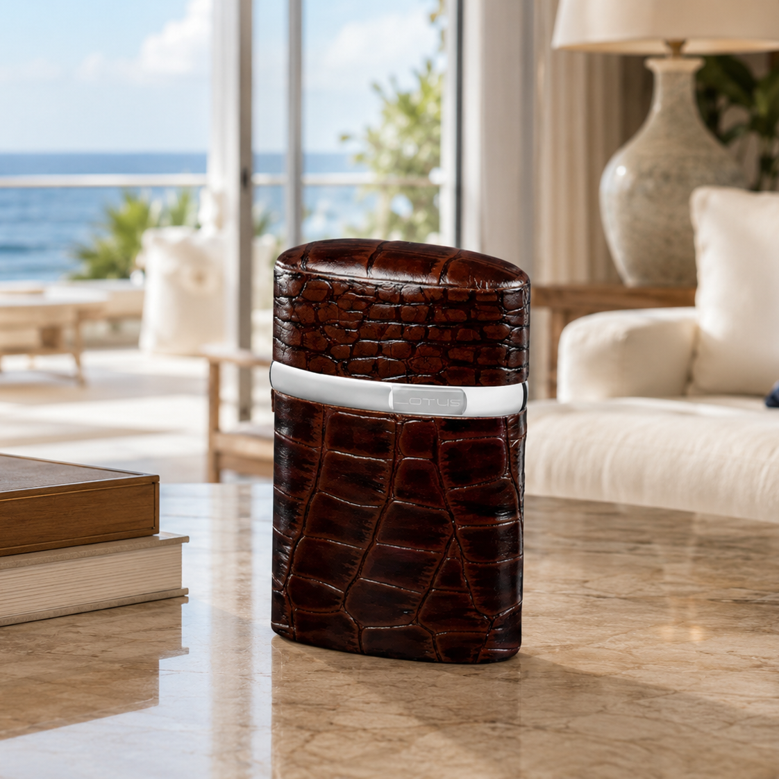 The "Triple Jet" Table Lighter - Croco Pattern Tobacco