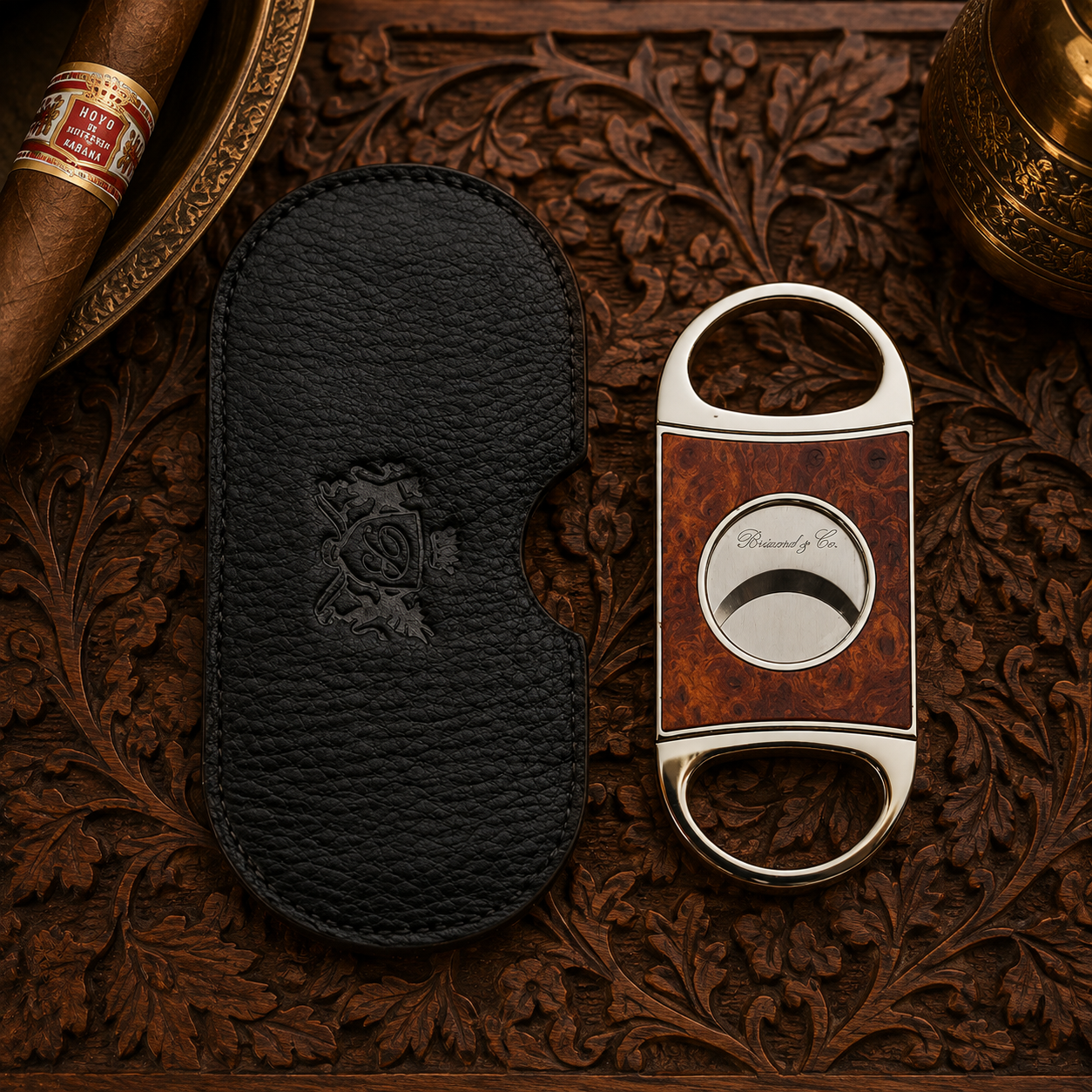 Double Guillotine Series 2 Cutter - Carphatian Burl and Black Leather