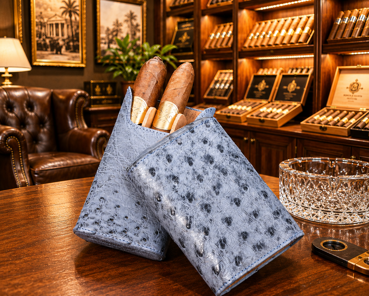 The "Show Band" 3 Cigar Case - "American Blue Jeans" Ostrich