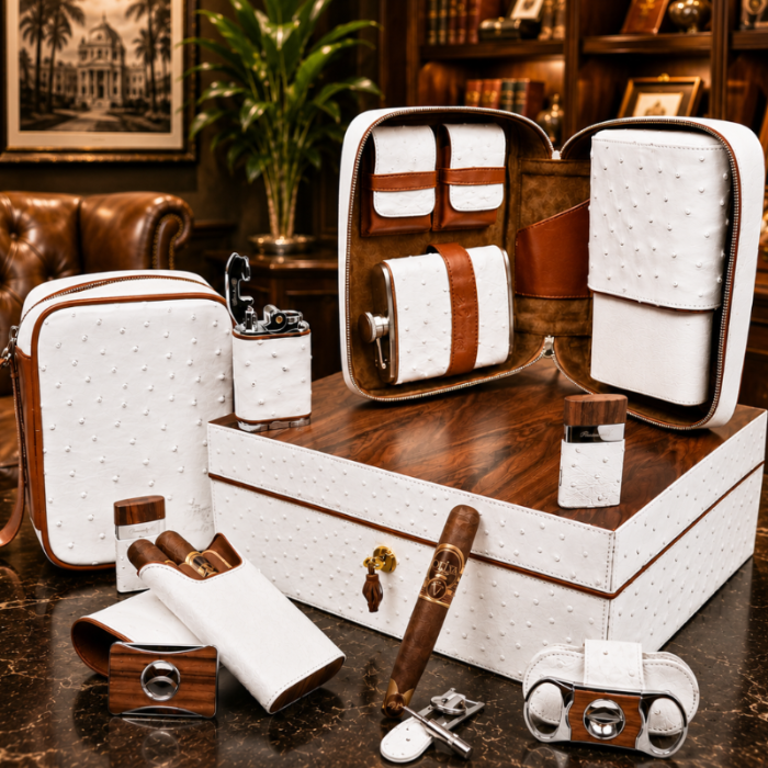 The "Airflow" Cigar Humidor - White Ostrich Leather and Rosewood (60/70 Count)