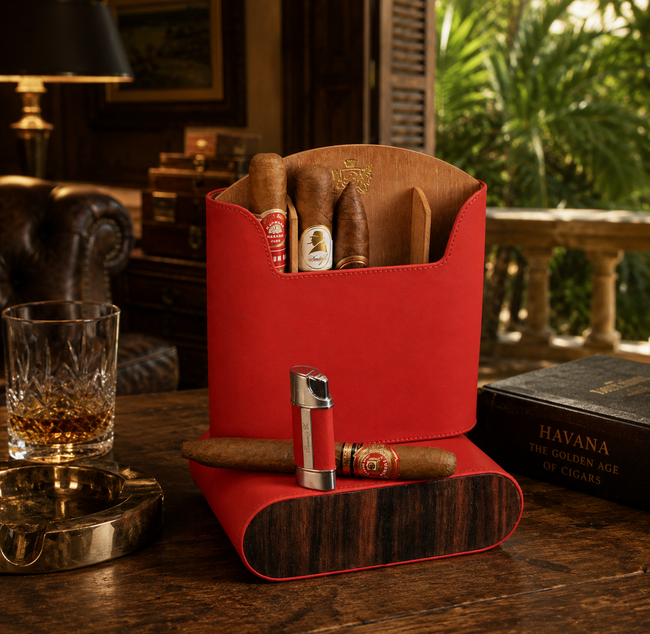 The "Show Band" Travel Humidor - Red Leather and Macassar Ebony