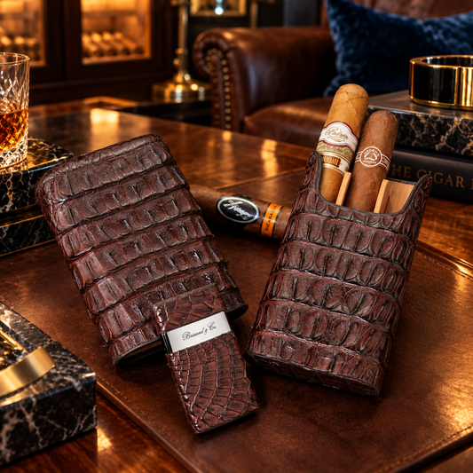 The "Show Band" 3 Cigar Case - Genuine Tobacco Caiman Alligator