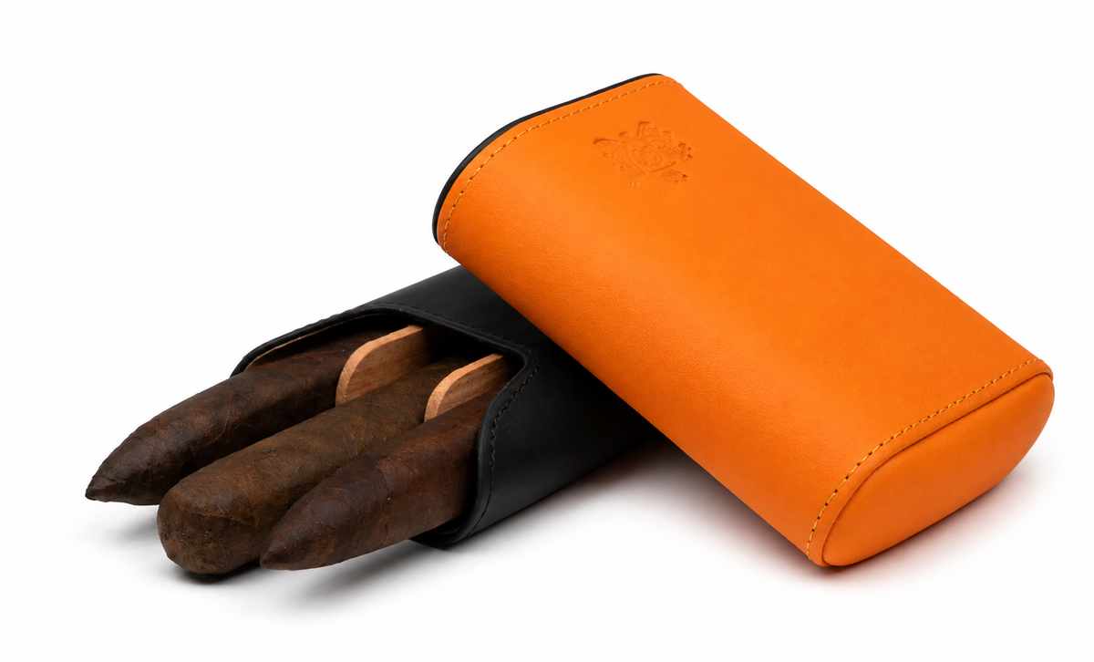 The "Show Band" 3 Cigar Case - Black and Orange Leather