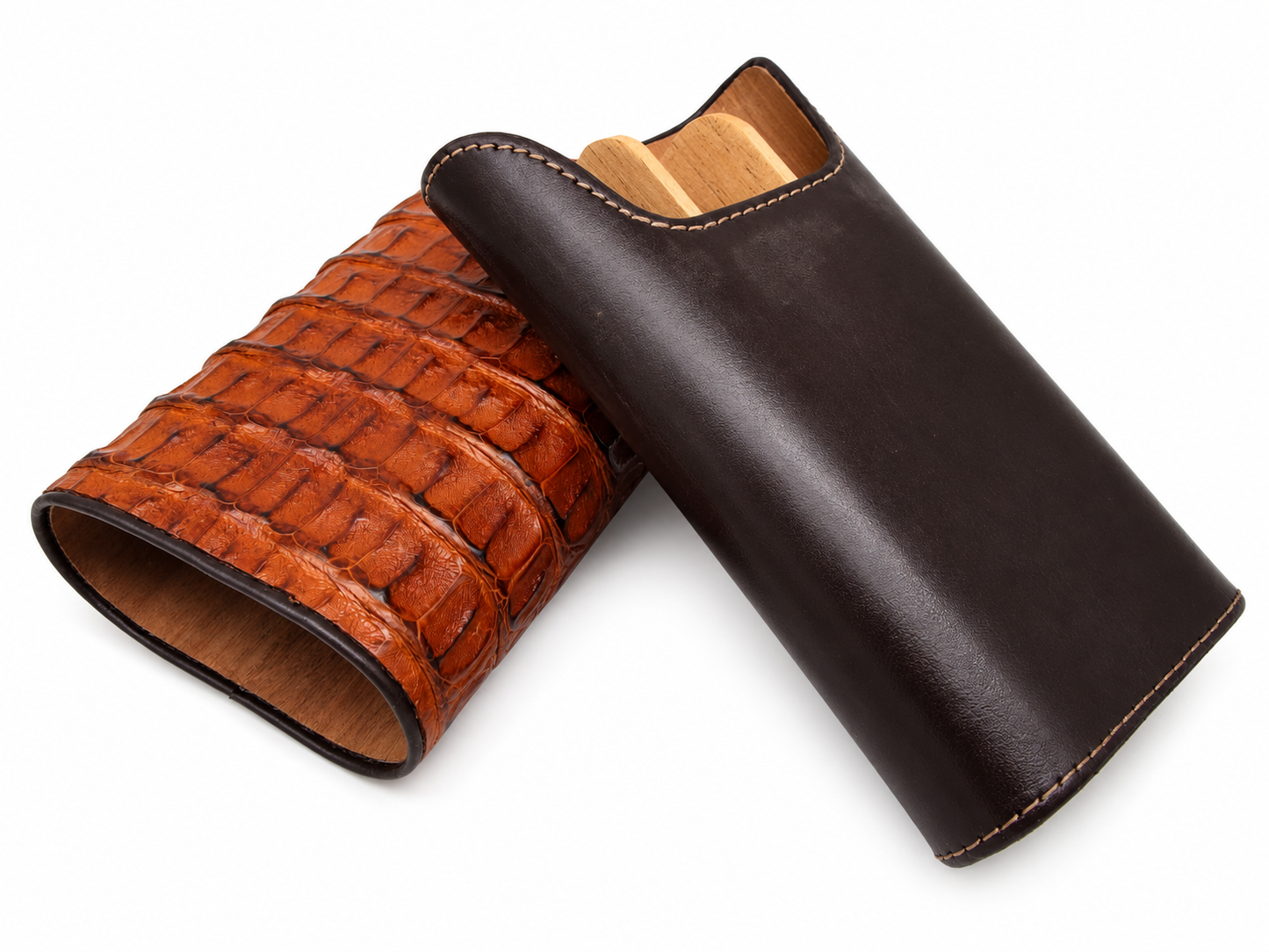 The "Show Band" 3 Cigar Case - Genuine Cognac Caiman Alligator