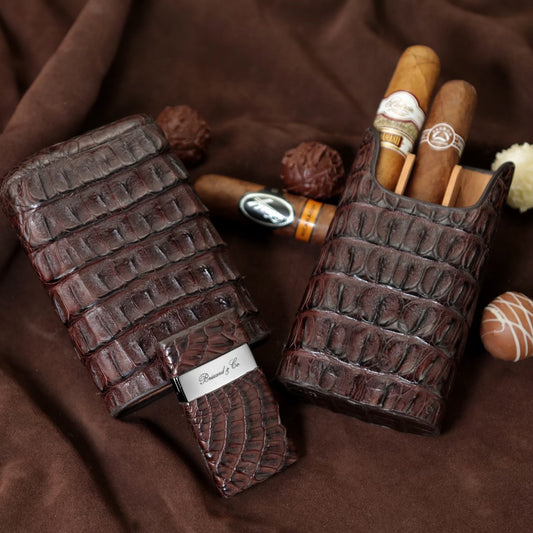 The "Show Band" 3 Cigar Case - Genuine Tobacco Caiman Alligator