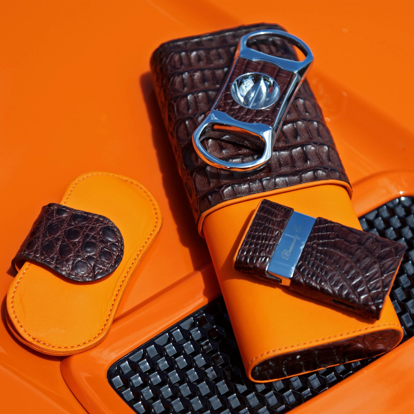 The "Show Band" 3 Cigar Case - Genuine Tobacco Caiman Alligator and Orange Leather