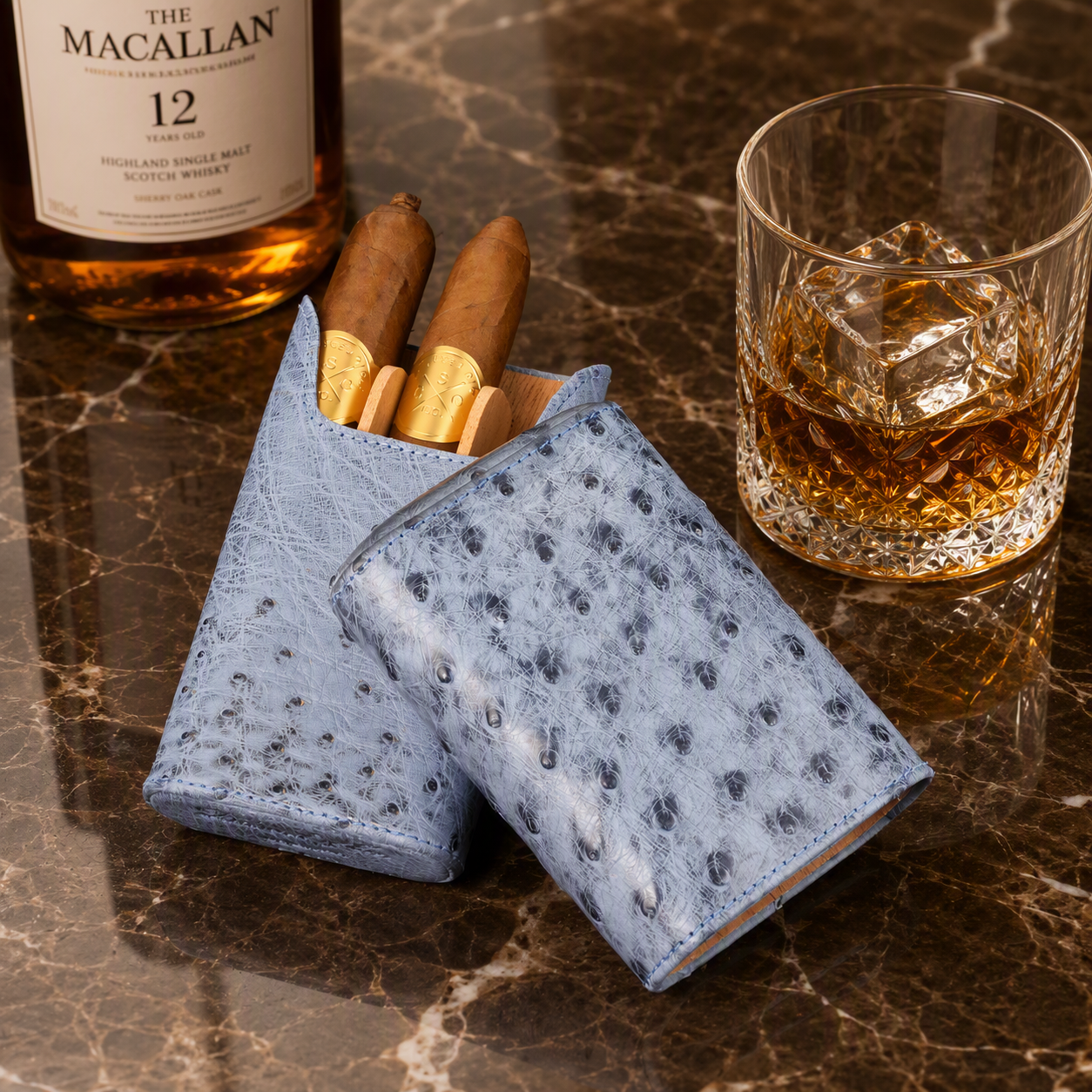 The "Show Band" 3 Cigar Case - "American Blue Jeans" Ostrich