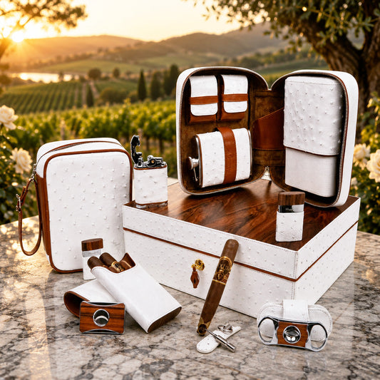 The "Airflow" Cigar Humidor - White Ostrich Leather and Rosewood (60/70 Count)