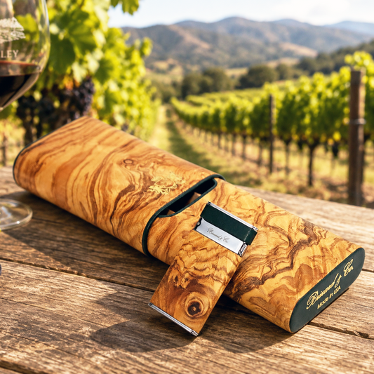 The "Show Band" 3 Cigar Case - Olive Wood and Green Leather