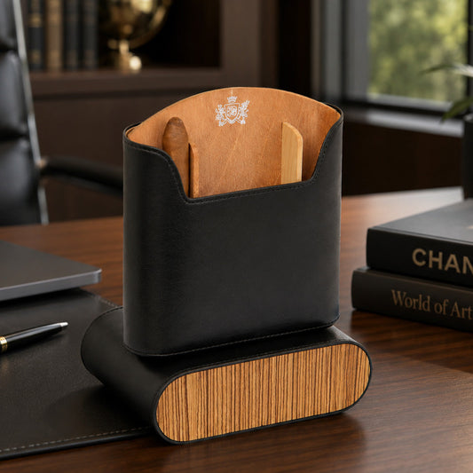 The "Show Band" Travel Humidor - Black Leather and Zebrawood