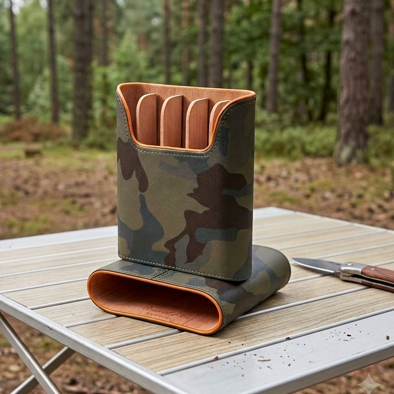 The "Show Band" 5 Cigar Case - Camouflage and Orange Leather