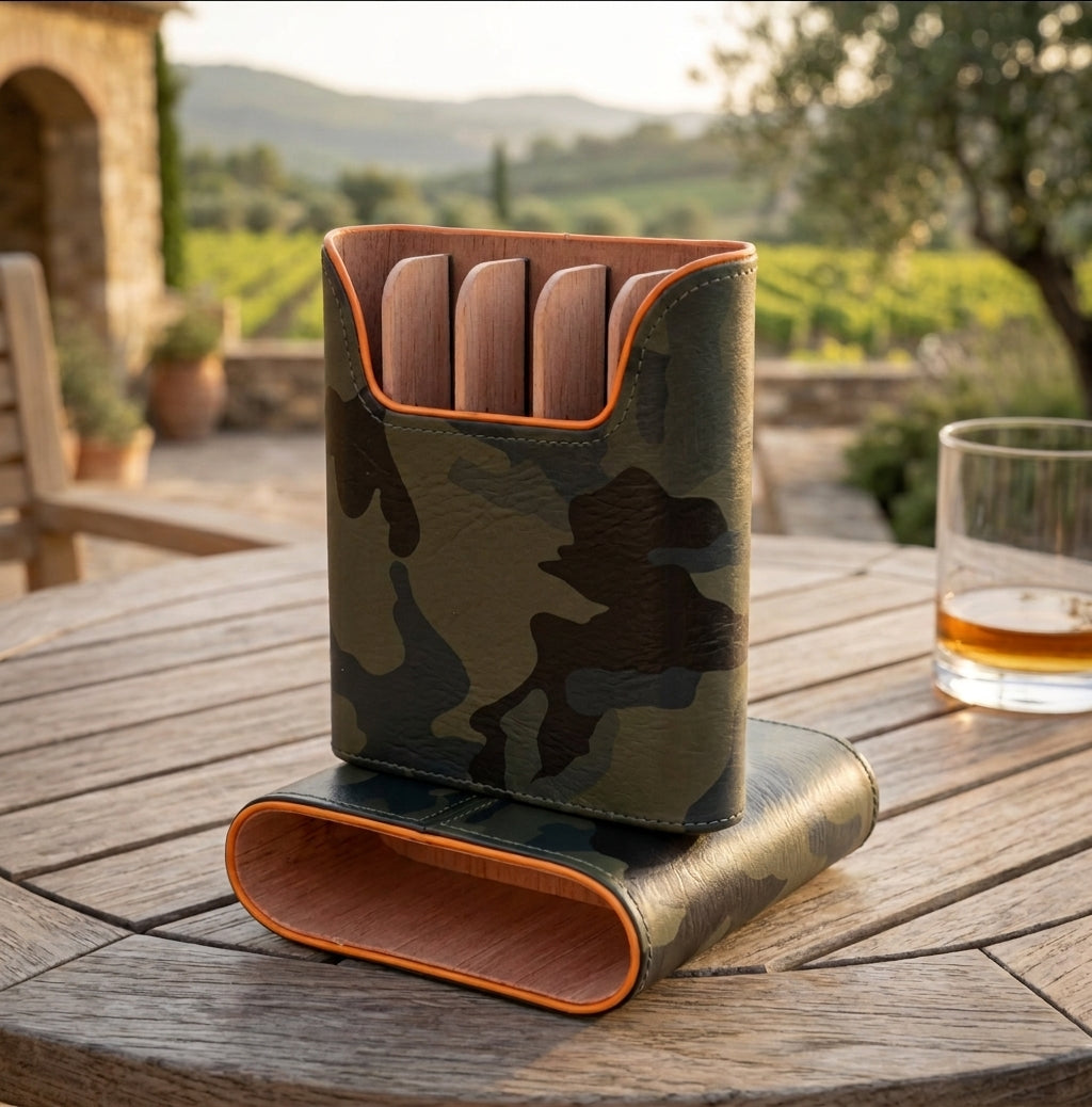 The "Show Band" 5 Cigar Case - Camouflage and Orange Leather