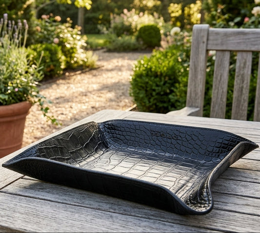 The "Valet" Leather Tray - Croco Pattern Black