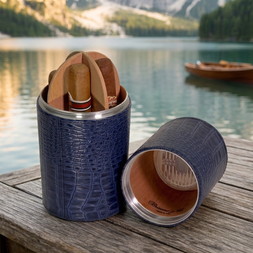 The Cylindrical Desk Humidor - Indigo Croco Pattern
