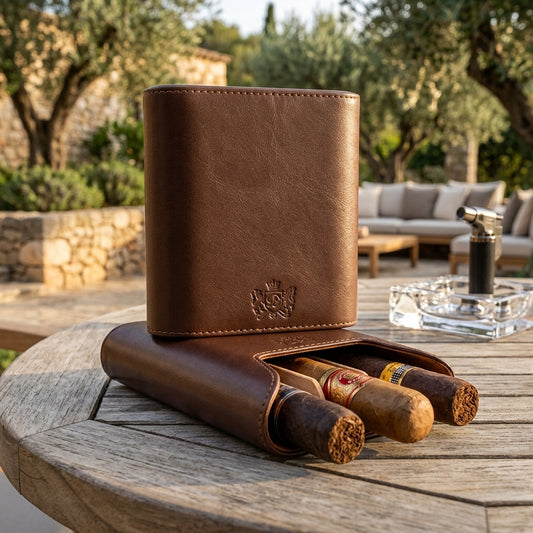 The "Show Band" 5 Cigar Case - Coffee Leather and Macassar Ebony