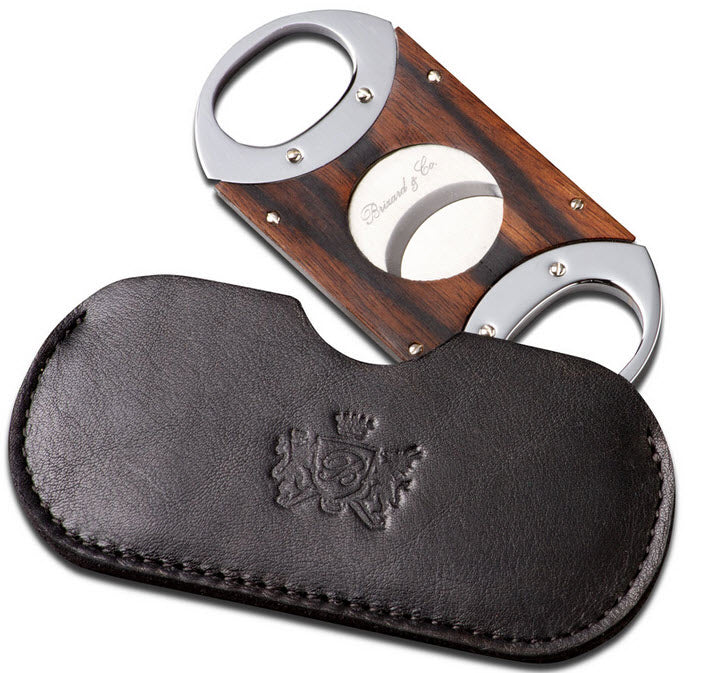 The "Double Guillotine" Cigar Cutter - Black Leather and Macassar Ebony