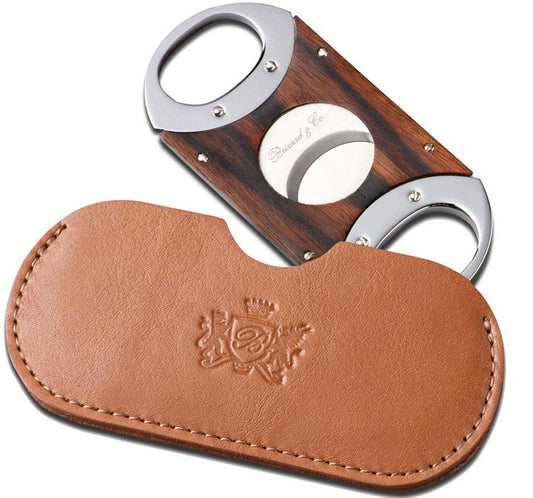 The "Double Guillotine" Cigar Cutter - Tan Leather and Macassar Ebony