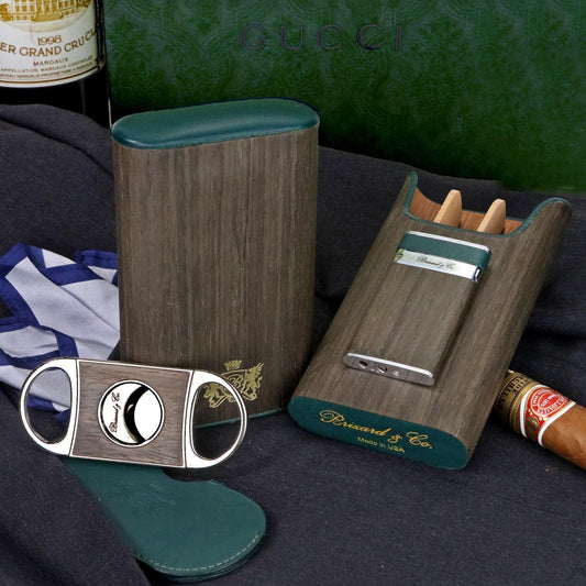 The "Show Band" 3 Cigar Case - Gunmetal Ebony and Forest Green Leather