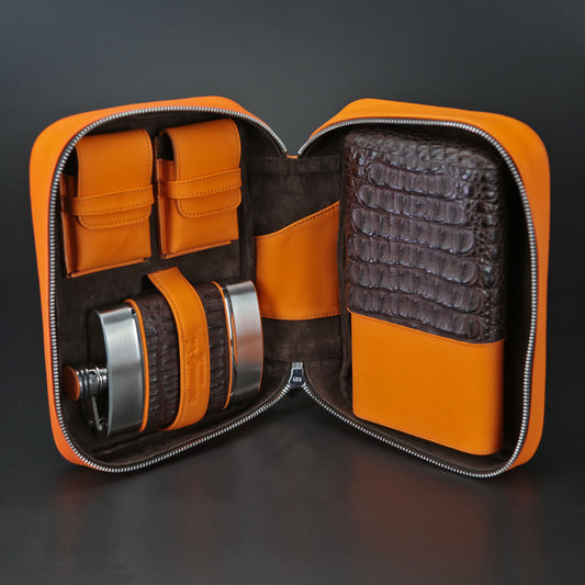 Havana Traveler - Genuine Tobacco Caiman Alligator and Orange Leather