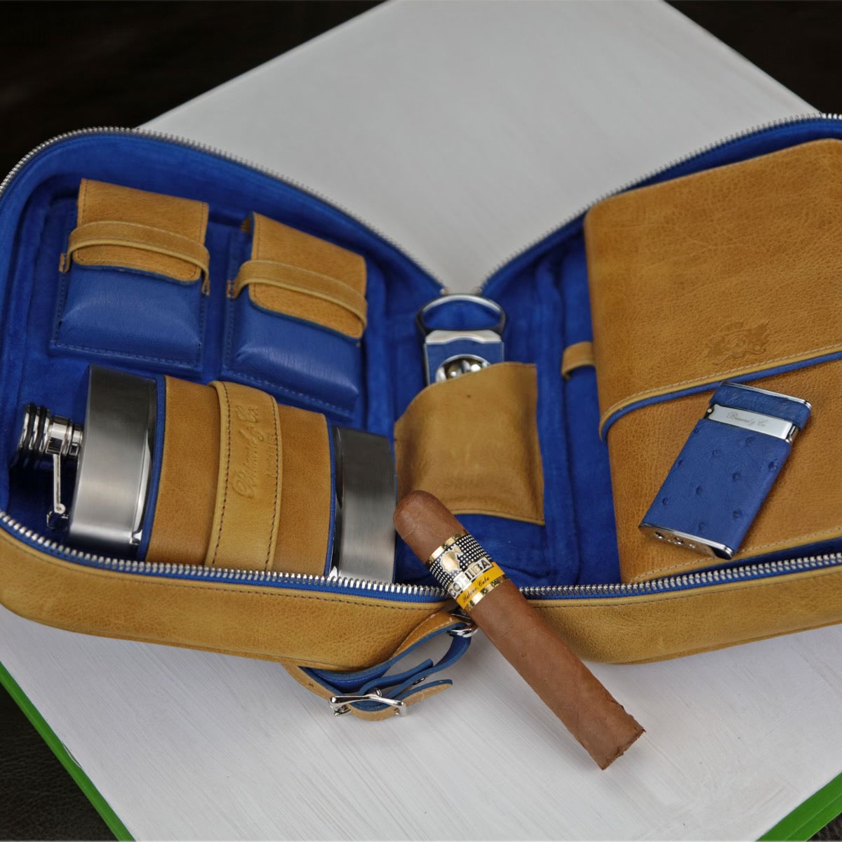 Havana Traveler - Blue Ostrich and Camel Color Leather