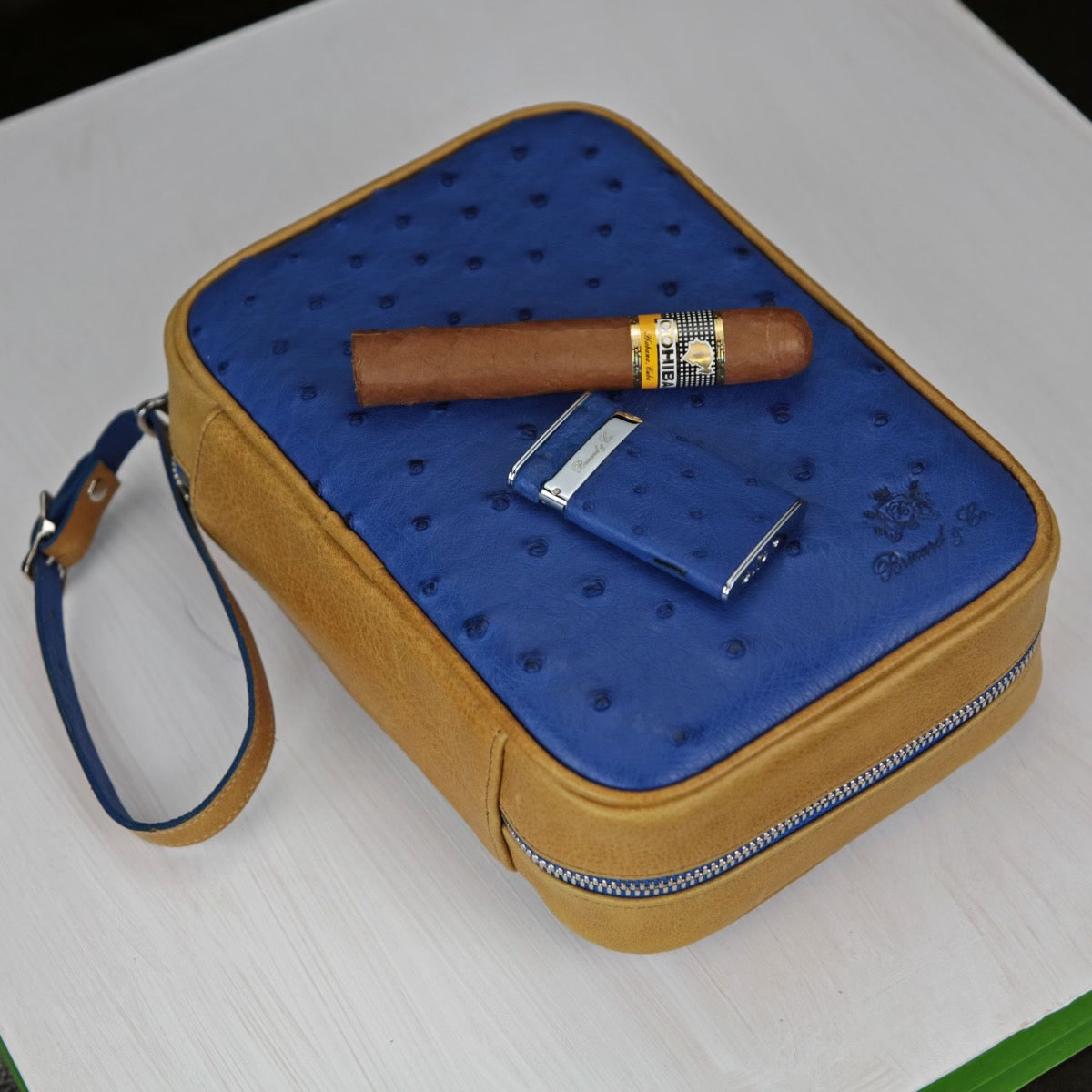 Havana Traveler - Blue Ostrich and Camel Color Leather