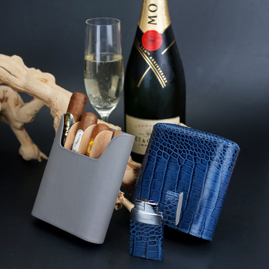 The "Show Band" 5 Cigar Case - Indigo Croco Pattern and Gray Leather