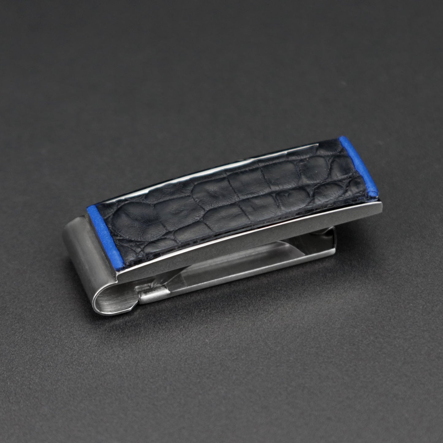 Money Clip - Genuine Black Caiman Alligator and Blue Leather