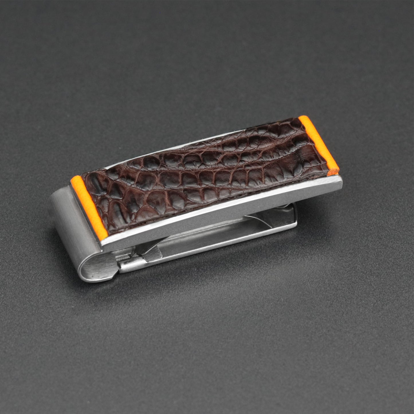 Money Clip - Genuine Tobacco Caiman Alligator and Orange Leather