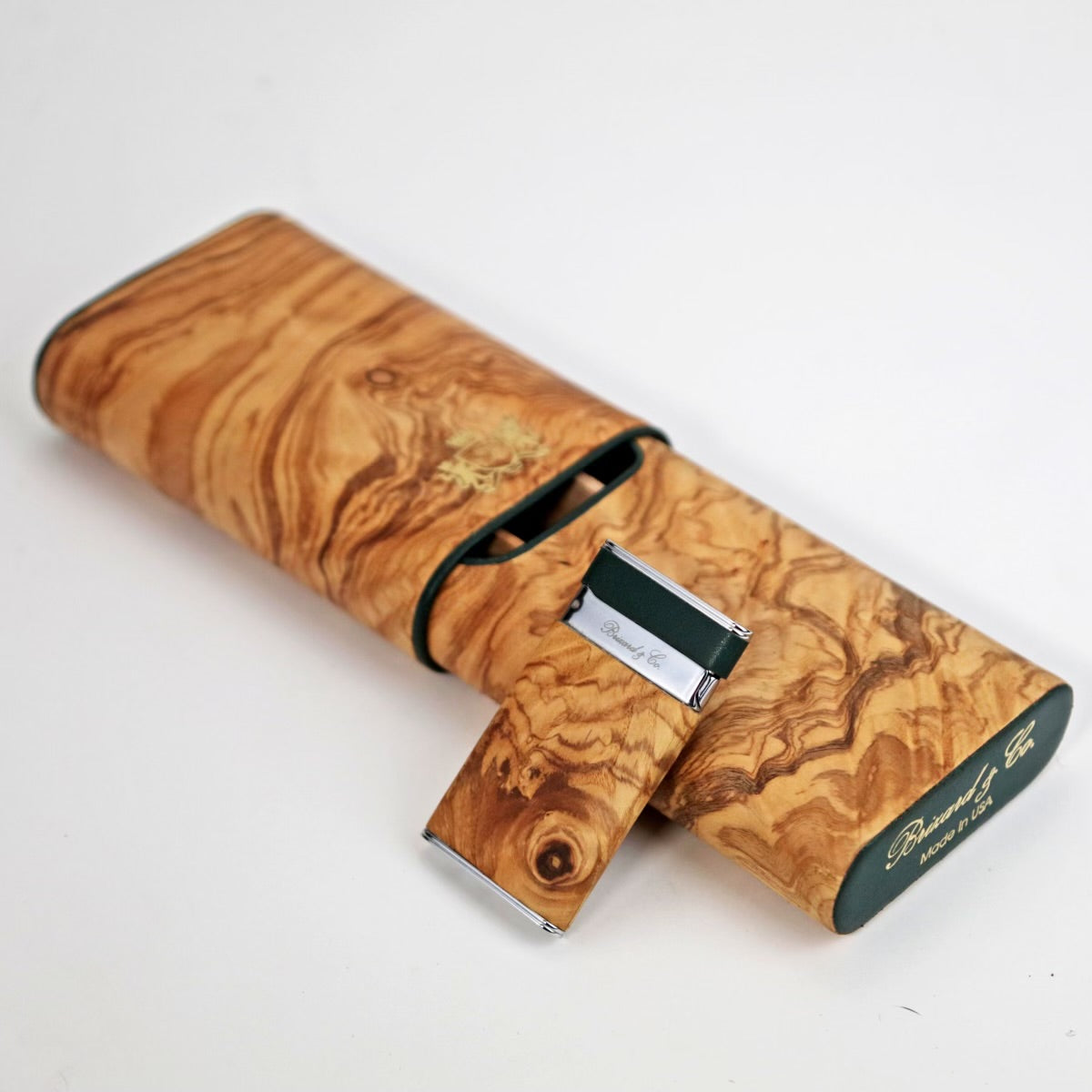 The "Show Band" 3 Cigar Case - Olive Wood and Green Leather