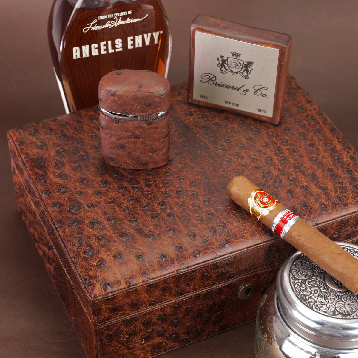 The "Airflow" Cigar Humidor - Genuine Antique Saddle Ostrich (30/40 Count)