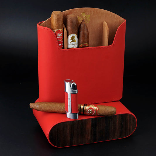 The "Show Band" Travel Humidor - Red Leather and Macassar Ebony