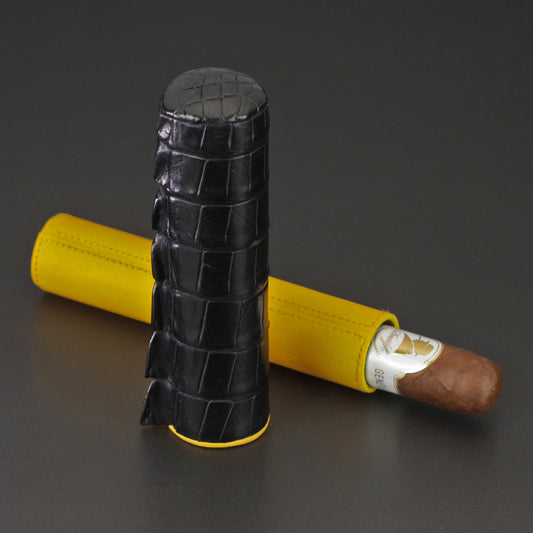 The Single Cigar Tube - Genuine Black Caiman Alligator and Yellow Leather