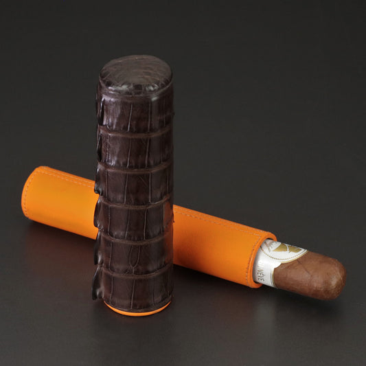 The Single Cigar Tube - Genuine Tobacco Caiman Alligator and Orange Leather