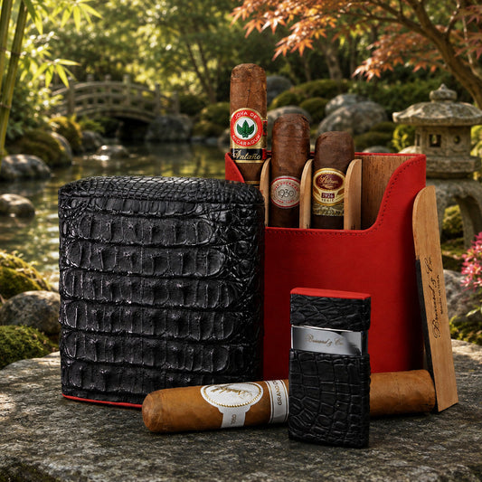The "Show Band" 5 Cigar Case - Genuine Black Caiman Alligator and Red Leather