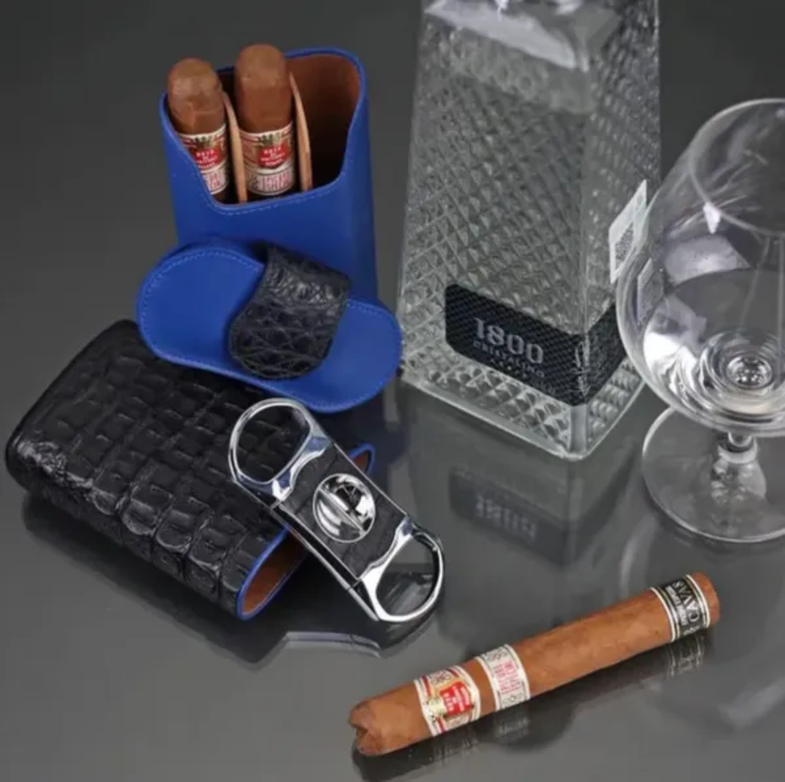 The "Show Band" 3 Cigar Case - Genuine Black Caiman Alligator and Blue Leather