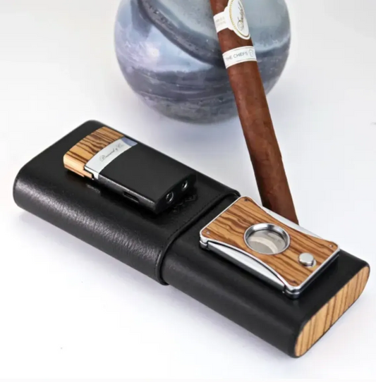 The "Show Band" 3 Cigar Case - Black Leather and Zebrawood (Flat Top)