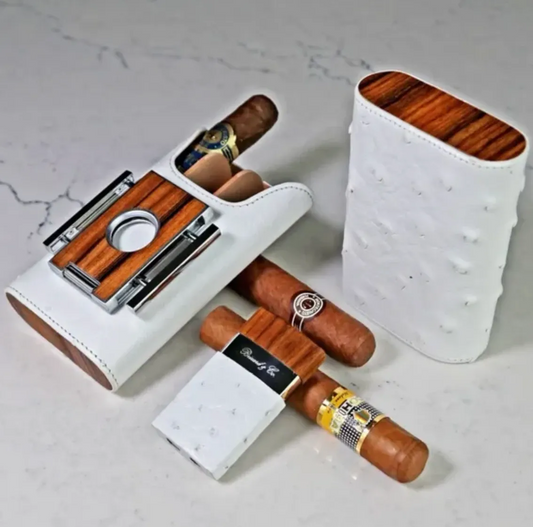 The "Show Band" 3 Cigar Case - White Ostrich Leather and Rosewood