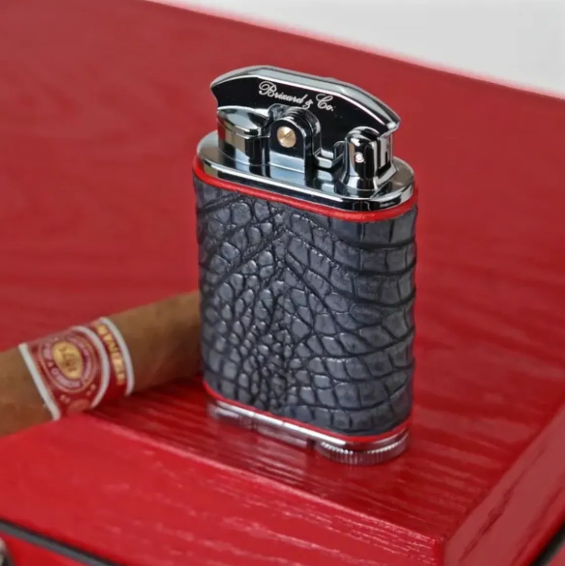 Gatsby Lighter - Genuine Black American Alligator and Red Leather