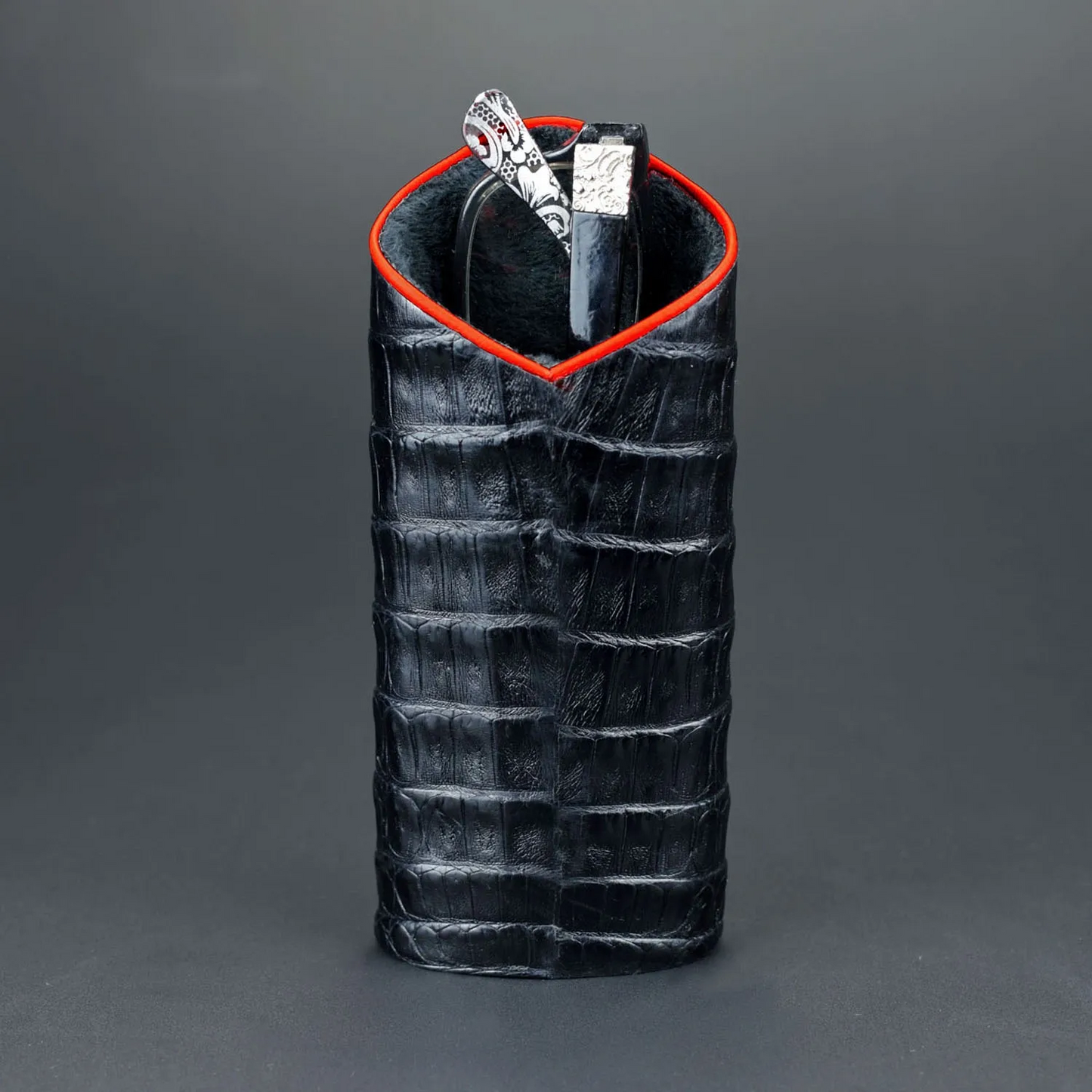 The Luxury Eyewear Stand - Genuine Black Caiman Alligator and Red Leather