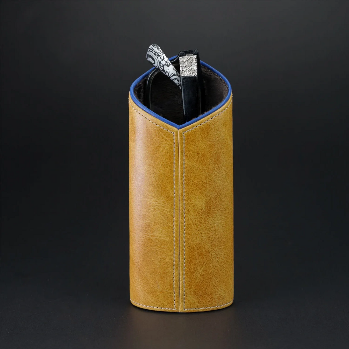 The Luxury Eyewear Stand - Blue and Camel Color Leather